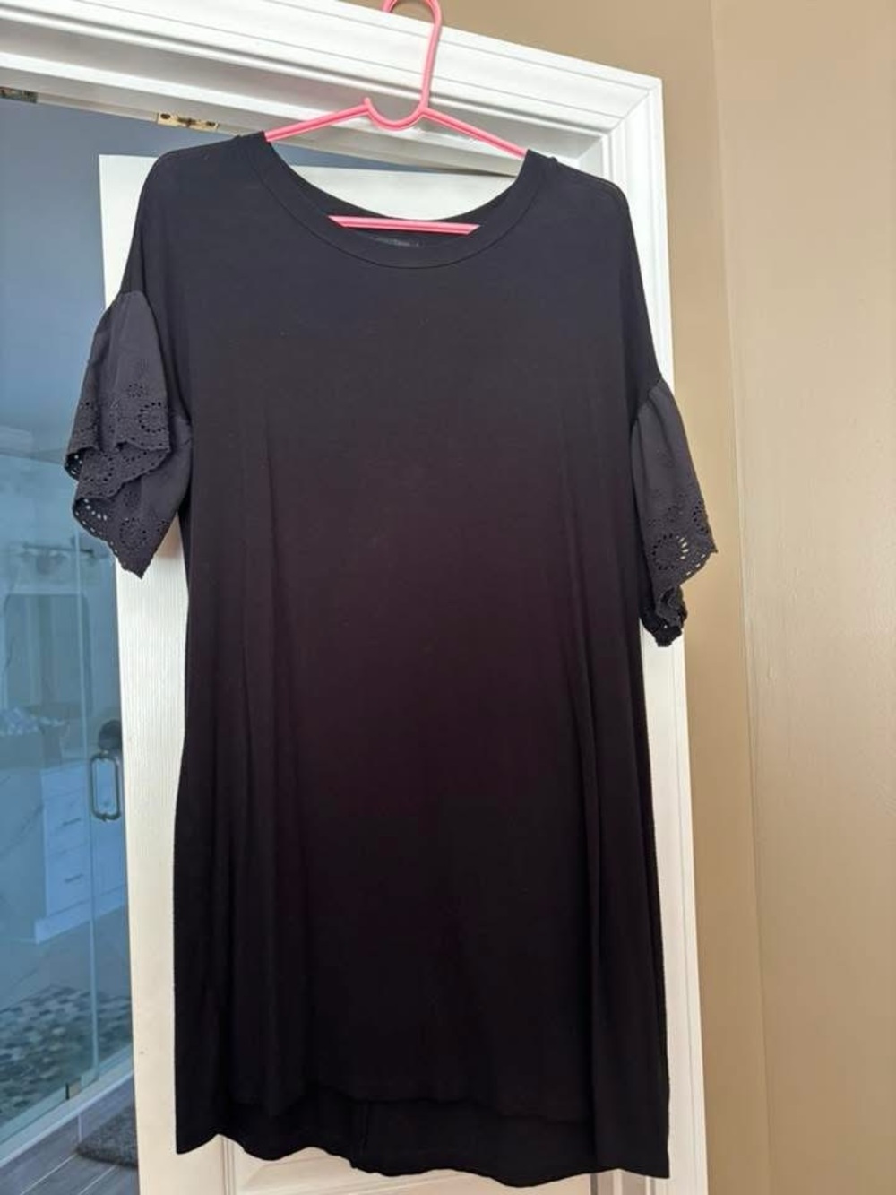 Black Short Sleeve T-Shirt Dress with Eyelet Ruffle Sleeves
